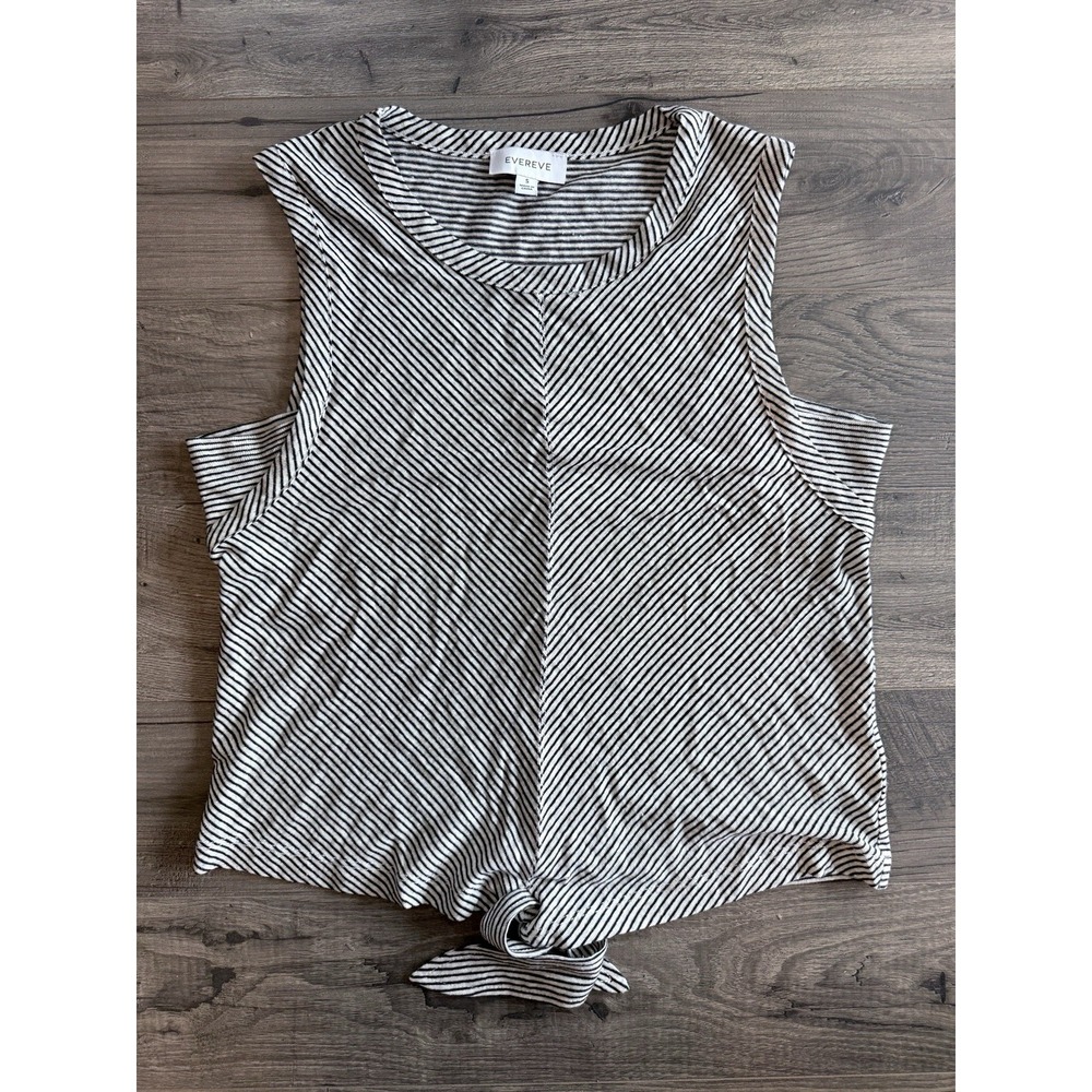 EVEREVE Riley Linen Blend Side Tie Tank Black White Stripe Coastal Capsule Top S